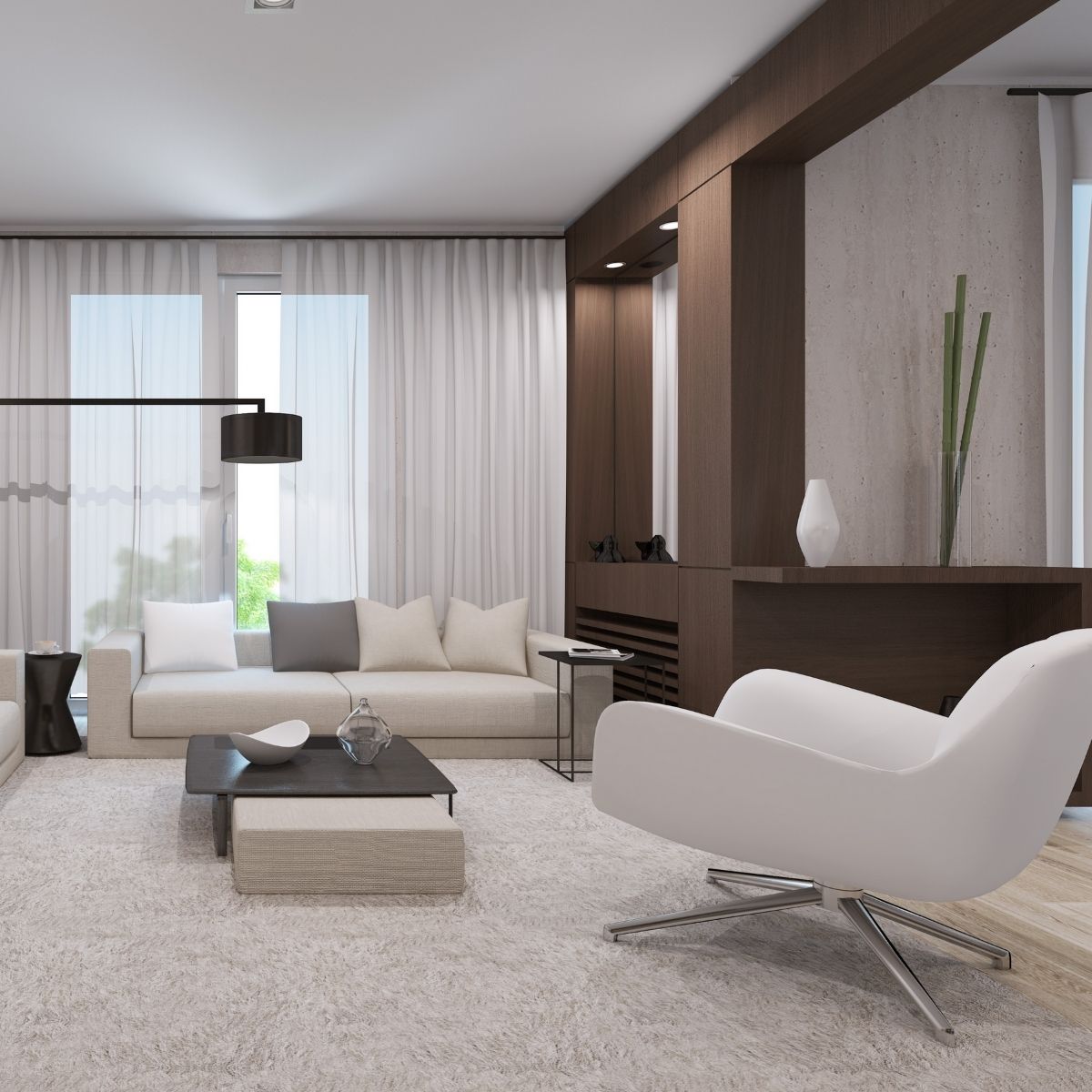 A clean living room with white modern furniture