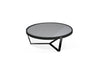 Ambra round coffee table smoked glass, dark wood frame and black nickel legs