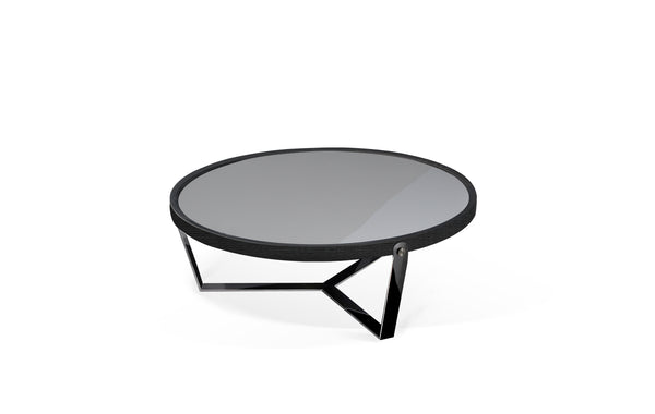 Ambra round coffee table smoked glass, dark wood frame and black nickel legs